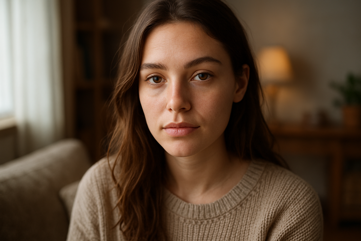 Mulher sorrindo confortavelmente em casa, conversando com um terapeuta em uma tela de laptop, com plantas ao fundo.