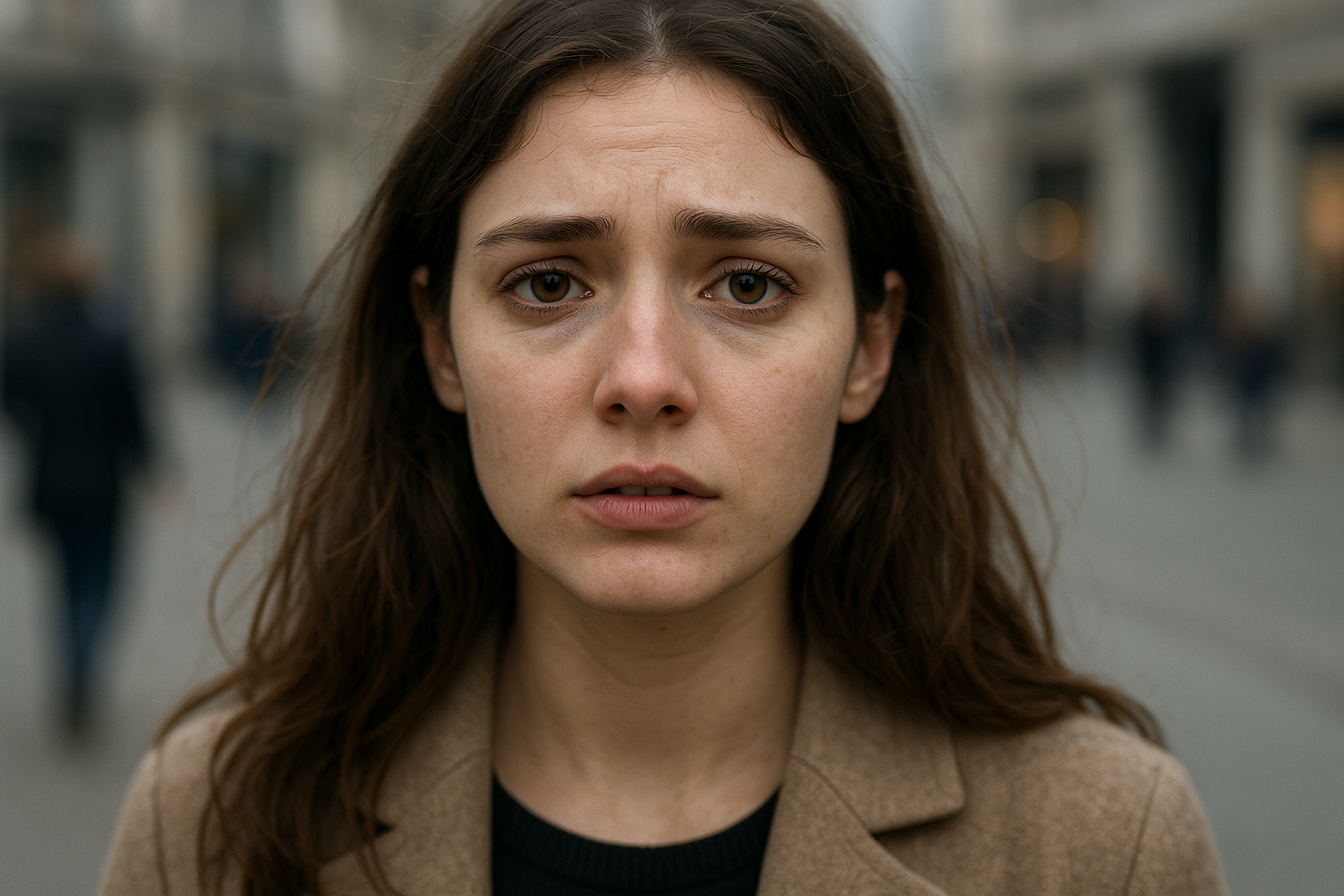 Mulher segurando as mãos no peito, respirando fundo em um banco de praça